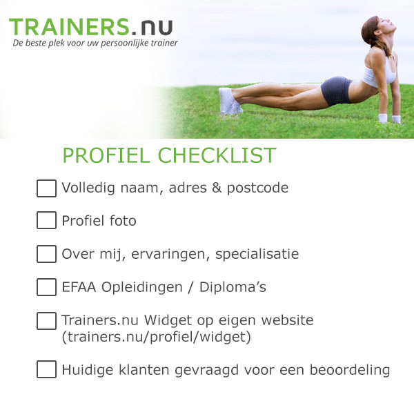 Profiel checklist van Trainers.nu, de grootste online personal trainers site van Nederland